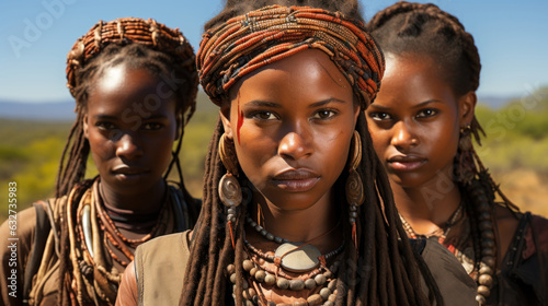 Three young women of the Hamer tribe in the wilderness of Africa.