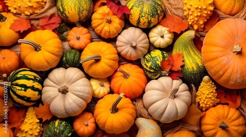 Colorful pumpkins and gourds on autumn market. Autumn background