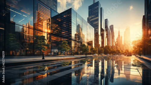 modern city with empty road and skyscrapers in the evening