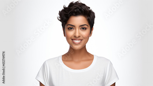 portrait of an attractive indian female in her 30s with a short brown hair isolated against a white background