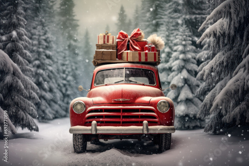 Christmas travel red car with boxes and gifts