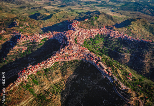 Aerial panoramic view of a beautiful Italian mountain town Centuripe, Sicily, Italy, Europe. June 2023