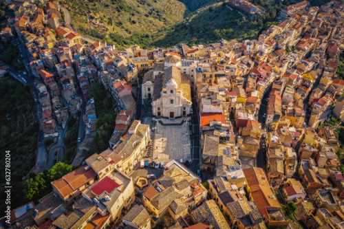 Aerial panoramic view of a beautiful Italian mountain town Centuripe, Sicily, Italy, Europe. June 2023