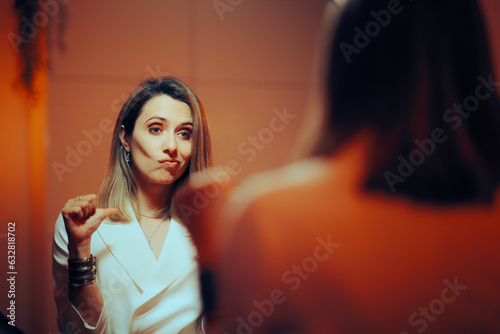 Vain Woman pointing to Herself Looking in the Mirror. Smug Businesswoman thinking in a vain way about herself being narcissistic and overconfident 