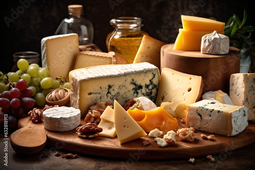 Assortment of cheese on wooden table, closeup. Dairy products. Cheese Selection. Large assortment of international cheese specialities.