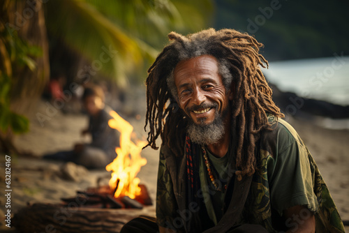 Jamaican old black man with dreadlocks happy on the beach