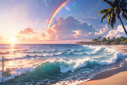 虹と薄明りの南国のビーチ ヤシの木 バカンス 