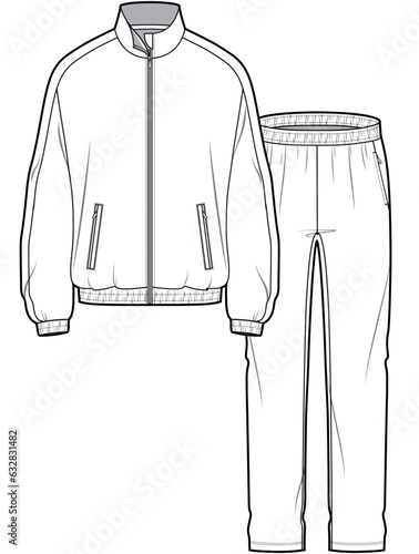 training tracksuit full zip long sleeve jacket and pants running jogging athletic sports wear set flat sketch vector illustration technical cad drawing template