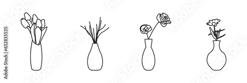 Minimal flower bouquet icons for decoration, special occasion; includes vases, ribbons, cup and handheld arrangements, Vector icons amphora, vase, pottery. Modern tableware icons. Editable stroke. 