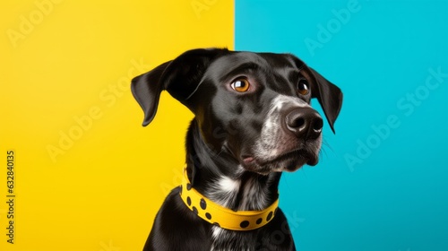Photo of a black and white dog with a yellow collar created with Generative AI technology