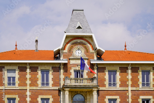 city hall facade french town of Soulac sur mer with french text liberte egalite fraternite means liberty equality fraternity