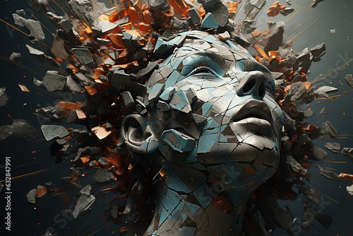 Abstract mental health concept with exploding fractured mind. Generative AI.