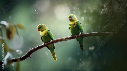 Lively Parakeets Playing in the Canopy, Jungle Birds, bokeh 