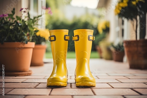 Farbenfroher Empfang: Gelbe Stiefel am Eingangsbereich platziert