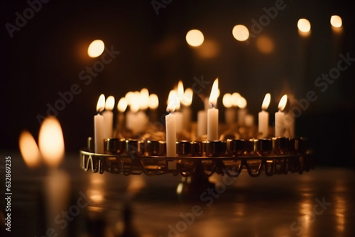 A decorative menorah with flickering candles, Religion, bokeh 