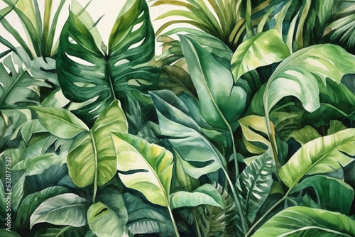 Lush tropical jungle foliage with large leaves, Leaves Watercolor, 