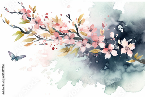 Dainty cherry blossom leaves fluttering in the wind, Leaves Watercolor, 