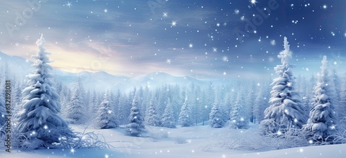 Enchanting winter wonderland with snow-covered trees. Peaceful snowy landscape, wintry and starry.