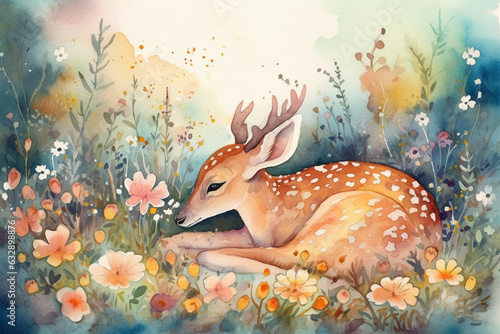Sweet Dreams: A heartwarming watercolor cartoon illustration of a little deer peacefully sleeping amidst a field of flowers. Soft pastel colors and a serene atmosphere create a sen 