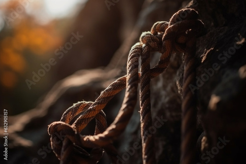 A close-up of a climbing rope and carabiner hanging from a rock face, Sport, bokeh 