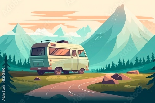 Drawing of a caravan stopped on the road to the mountains. Generative AI.