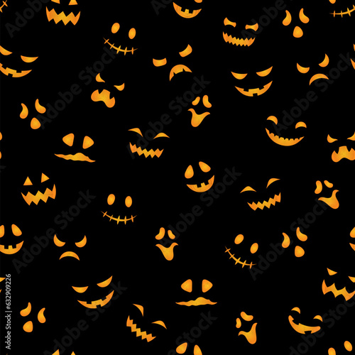 Cute Halloween seamless pattern. Vector pumpkin carved scary faces texture, funny smiling ghost masks orange print on black background for decoration, fabric print, web, app, wallpaper, digital paper