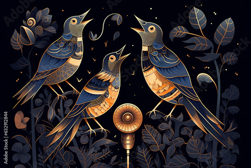 Digital painting of nightingale birds singing to microphone with garden flowers and leaves surrounding them, in golden and navy blue ornamental art deco modernism style with fluorescent colors