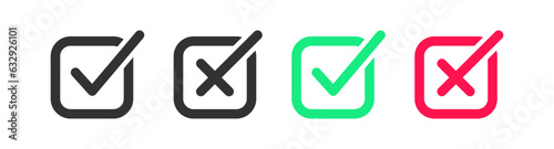 Checkmark icon. Tick correct, wrong signs. Cancel symbol. Right symbols. Yes, no icons. Black, red, and green color. Vector isolated sign.