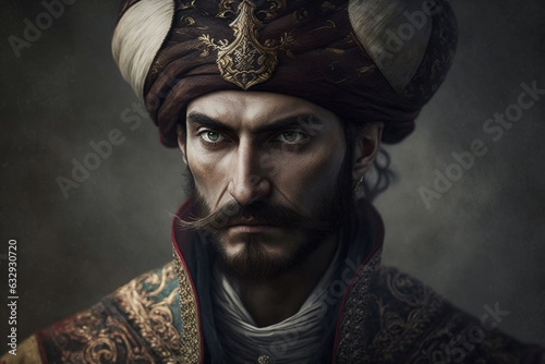 Ottoman man with turban on his head. Turkish general or old pascha army man with fierce look. Sultan concept. Ai generated