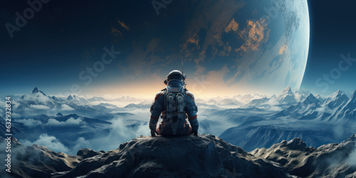 Astronaut sitting on a cliff on the Moon in front of planet Earth. Generative AI
