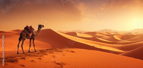 one camel walking in desert with bag and package on it's bag, Generative Ai