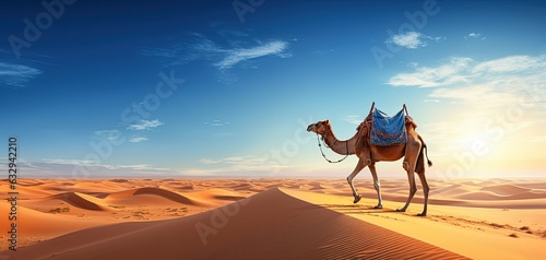 one camel walking in desert with bag and package on it's bag, Generative Ai