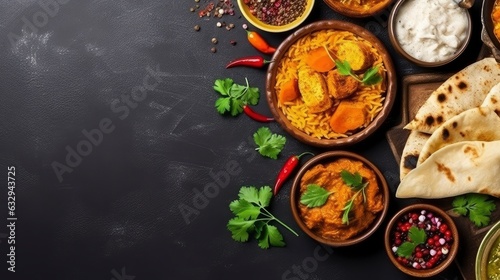 Authentic Indian Curry with Fragrant Spices and Herbs Served with Rice, Papadum and Chutney, a Flavorful Representation of Diverse Cuisines from the Indian Subcontinent.