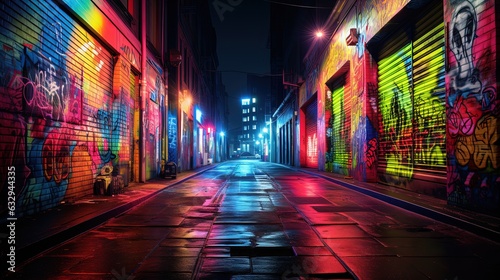 wet city street after rain at night time with colorful light and graffiti wall, Generative Ai