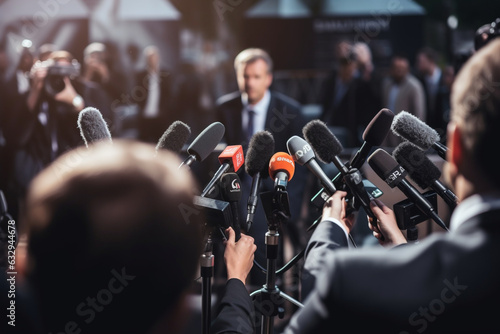 Journalist at a press conference, surrounded by microphones and cameras, journalist, blurred background, natural light, affinity, bright background