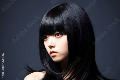 Portrait of a beautiful asian woman with black hair, studio shot