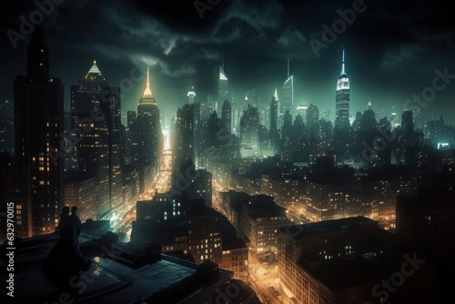 Concept art illustration of Gotham city at night, Generative AI