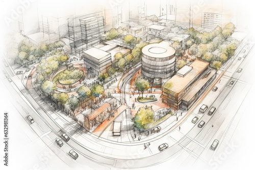 Urban planning sketch highlighting sustainable elements like green spaces, public transportation, and pedestrian zones, 