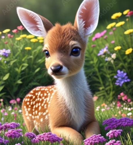 A cute little baby deer, beautiful flowers in a meadow 5