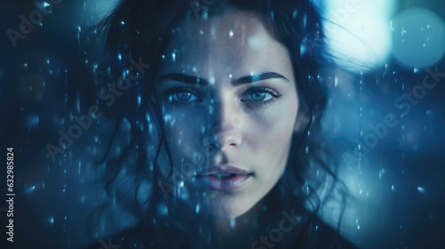 Dramatic bold closeup portrait of metahuman female in perfect synergy with artificial intelligence, cybernetic glamour, piercing eyes, dark midnight blue bokeh blur, light streaks - generative AI