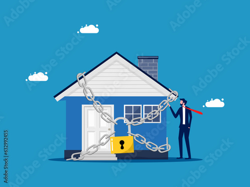 Home security. Businessman and house locked with padlock vector