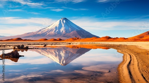 Catarpe and Licancabur Volcano - A Stunning View of Atacama Desert National Reserve, Chile with Reflective Rocks and Wide Expanse. Generative AI