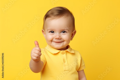 a toddler giving a thumbs up on yellow background