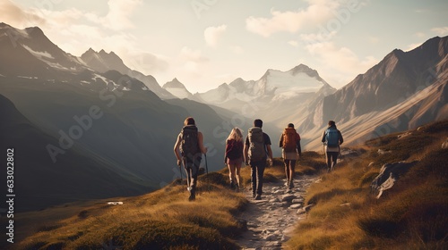 Group of people walking at the top of the mountain at sunrise view.
