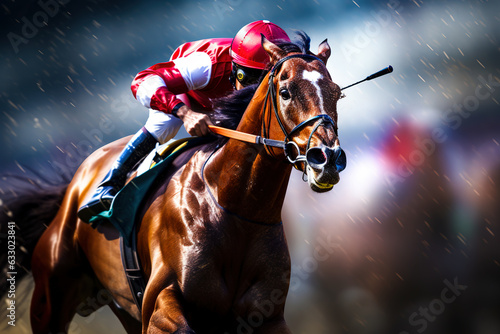 Jockey on racing horse. Champion. Hippodrome. Racetrack. Horse riding. Derby. Speed. Blurred movement. 