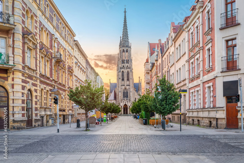 Katowice, Poland - view of Mariacka pedestrian street and Virgin Mary church on sunrise