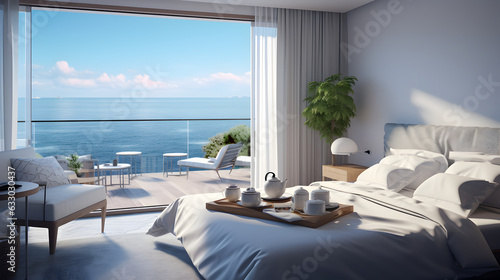 modern seaside luxury hotel room, apartment with background sea view: inside bed tea, balcony view, seaside holiday, beach hotel architecture concept