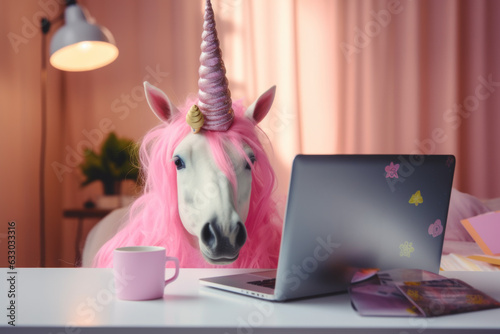 A pink unicorn is working on a laptop.