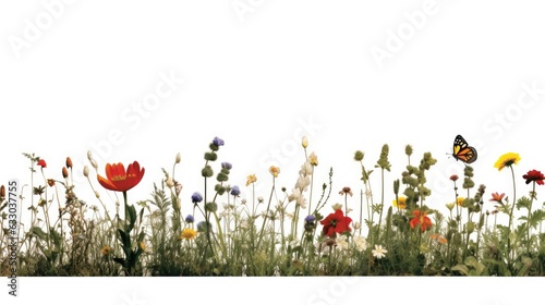 On a white background, ten various flowers from a meadow with grass and a butterfly may be seen in a row.