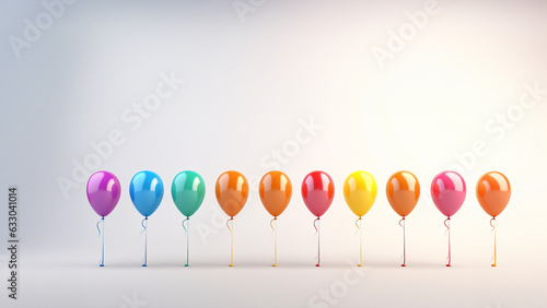 Viele bunte Luftballons in Reihe mit weißen Hintergrund und Textfreiraum, ai generativ